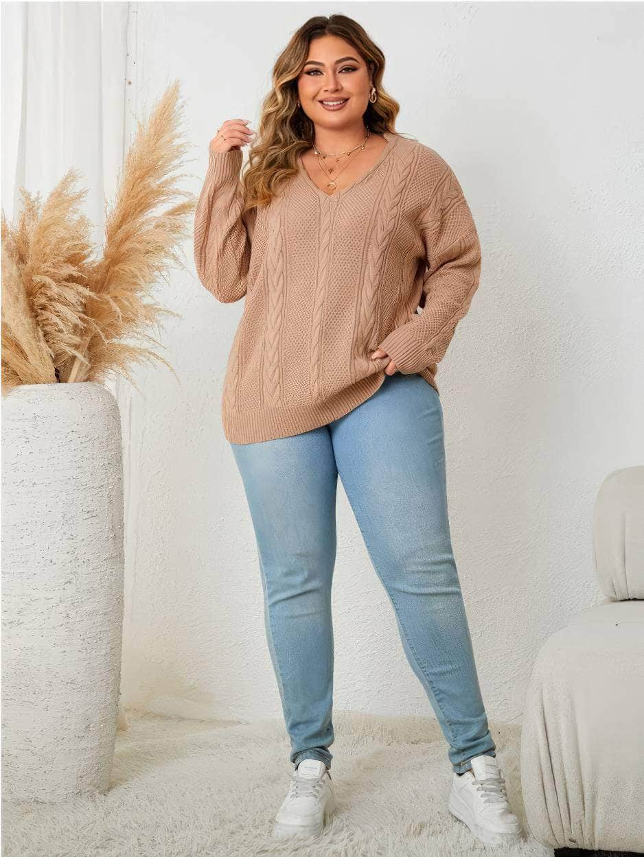 Plus Size Cable Ribbed Knit V-neck Sweater Top US 16-18 / LightSalmon