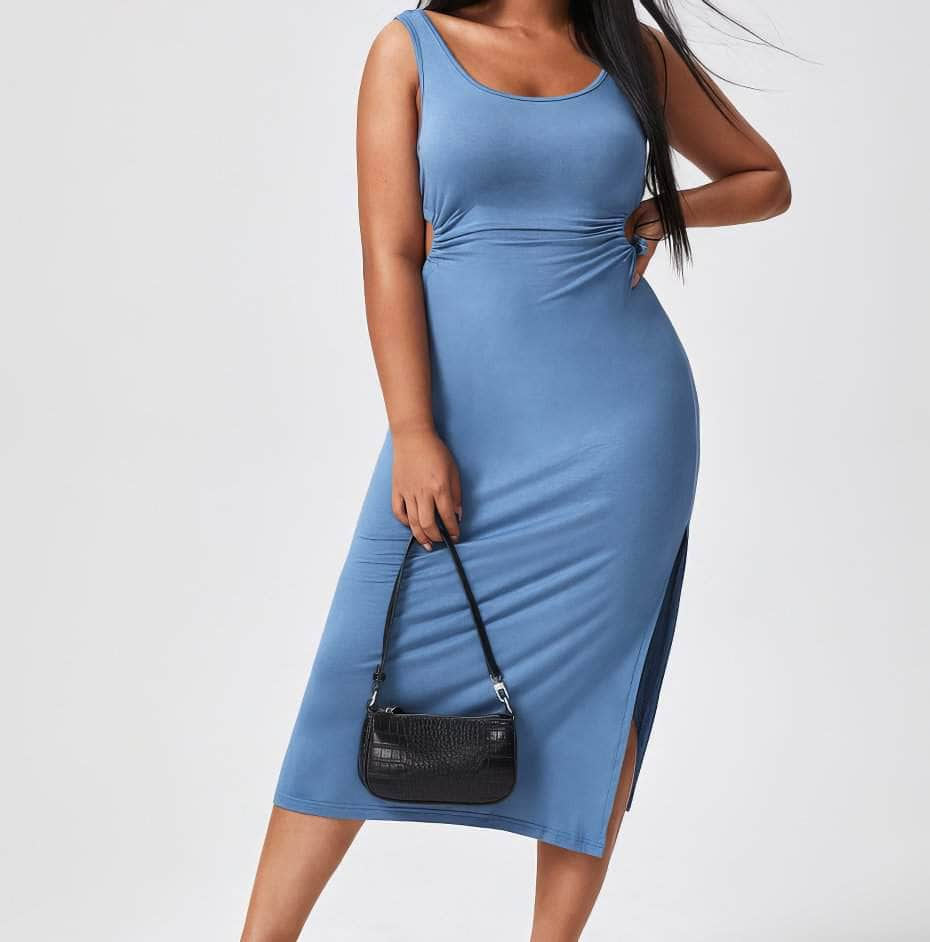 Plus Size Cami Sleeves Cut Out Drawstring Side Slit Slim Fit Dress