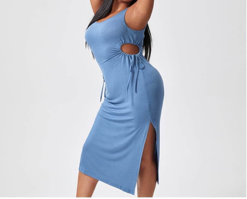 Plus Size Cami Sleeves Cut Out Drawstring Side Slit Slim Fit Dress