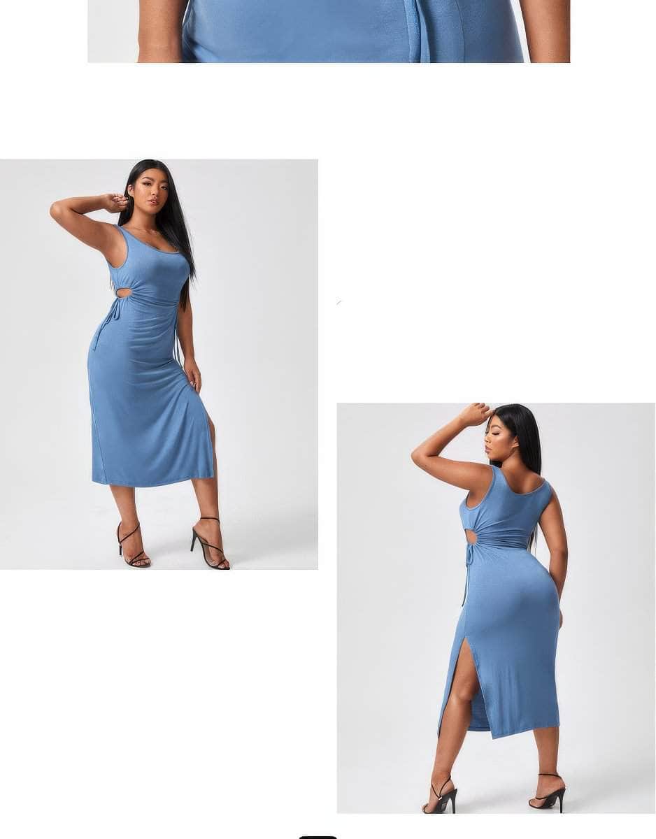 Plus Size Cami Sleeves Cut Out Drawstring Side Slit Slim Fit Dress