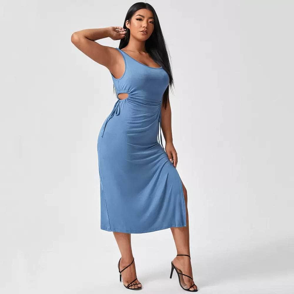 Plus Size Cami Sleeves Cut Out Drawstring Side Slit Slim Fit Dress