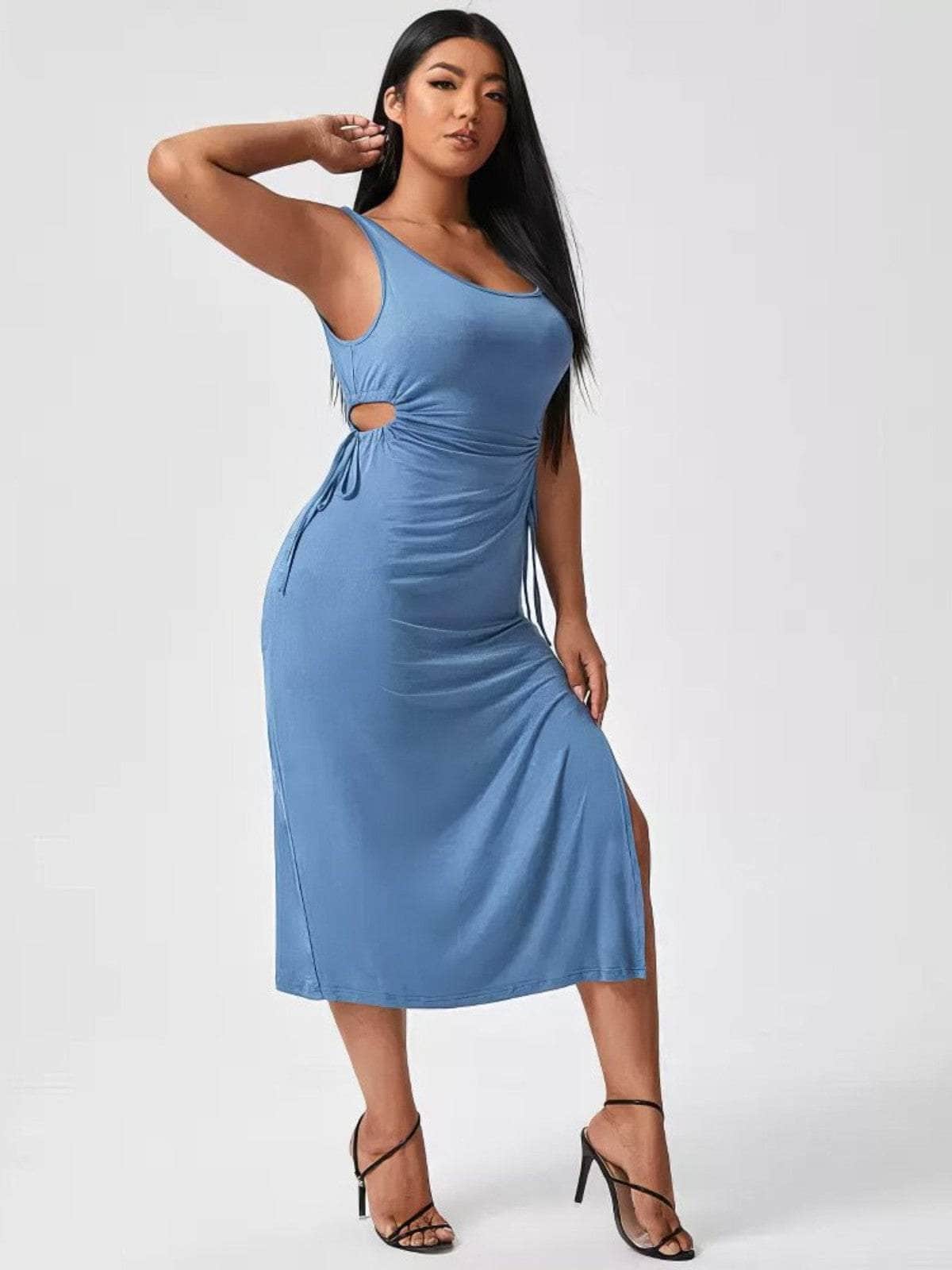 Plus Size Cami Sleeves Cut Out Drawstring Side Slit Slim Fit Dress US 16-18 / Blue