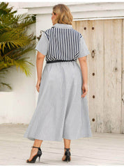 Plus Size Collared Striped Belted Dress