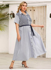 Plus Size Collared Striped Belted Dress