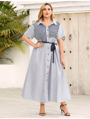 Plus Size Collared Striped Belted Dress