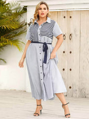 Plus Size Collared Striped Belted Dress US 16-18 / LightGray