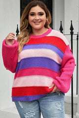 Plus Size Color Block Pom-Pom Trim Sweater Strawberry / 1XL