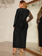 Plus Size Color Block Zebra Sequin Open Slit Dress