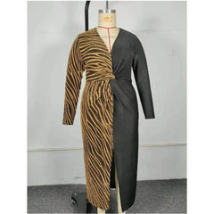 Plus Size Color Block Zebra Sequin Open Slit Dress
