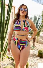 Plus Size Colorful Geometric Print Two-Piece Backless Swimwear