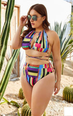 Plus Size Colorful Geometric Print Two-Piece Backless Swimwear