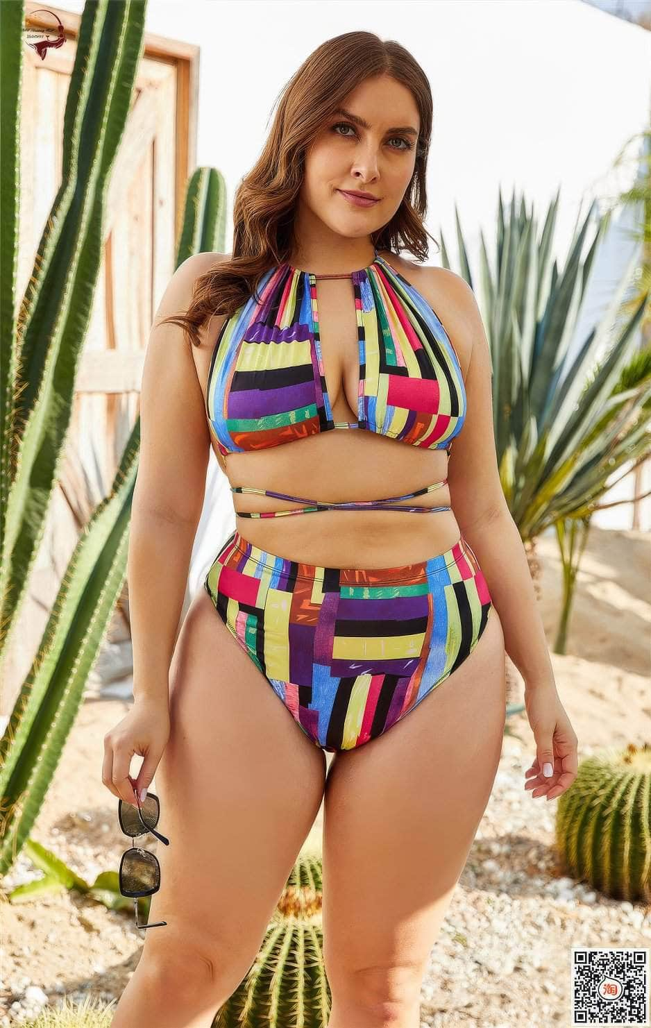 Plus Size Colorful Geometric Print Two-Piece Backless Swimwear