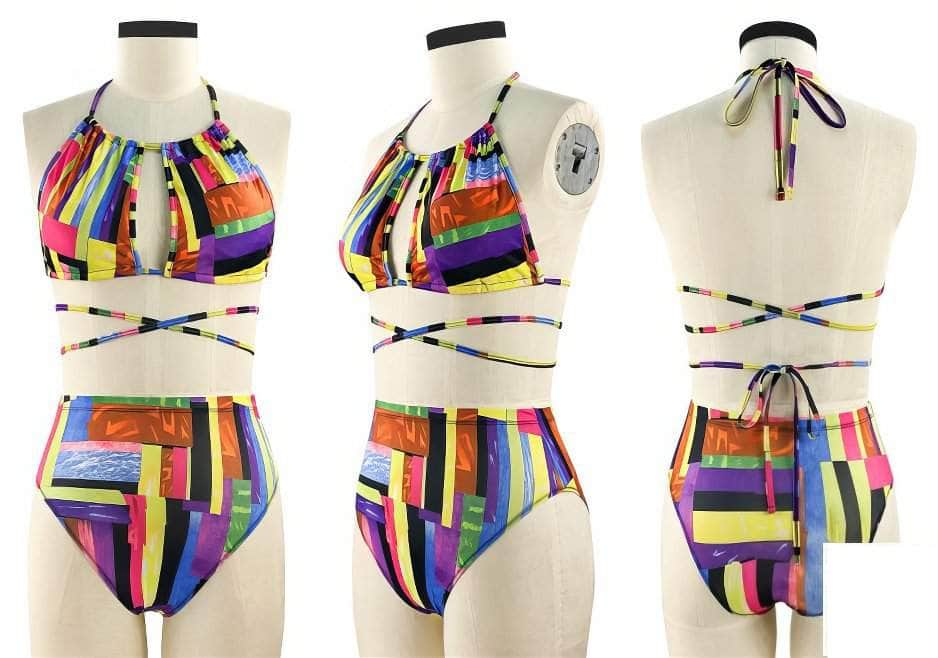 Plus Size Colorful Geometric Print Two-Piece Backless Swimwear