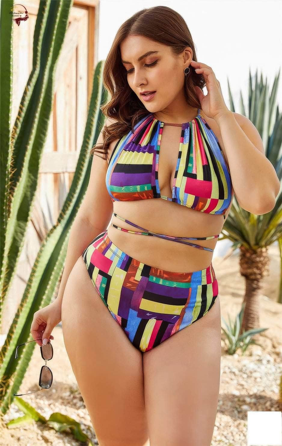 Plus Size Colorful Geometric Print Two-Piece Backless Swimwear US 4-6 / Multicolor