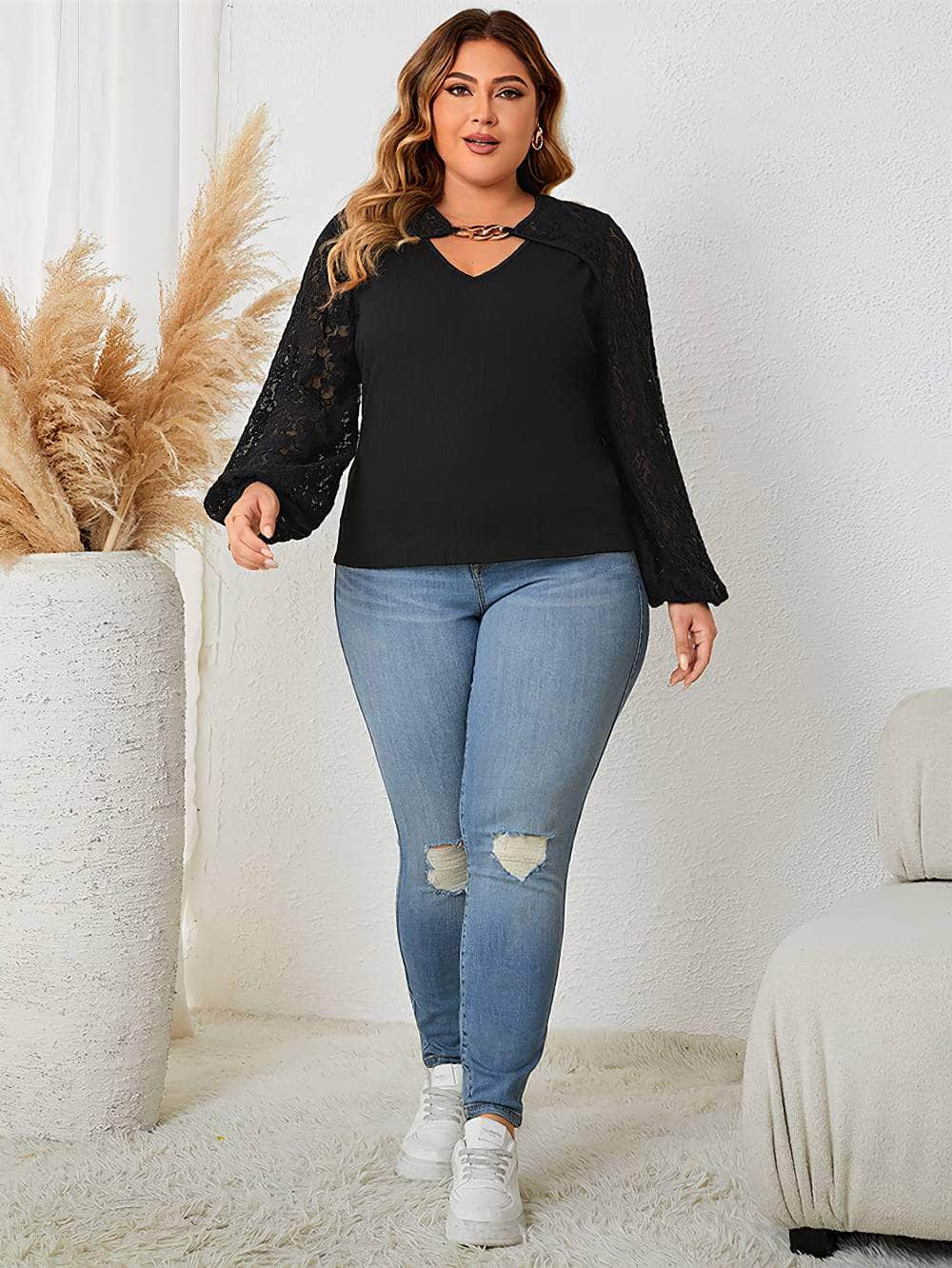 Plus Size Cut-Out Front Lace Sleeves Blouse