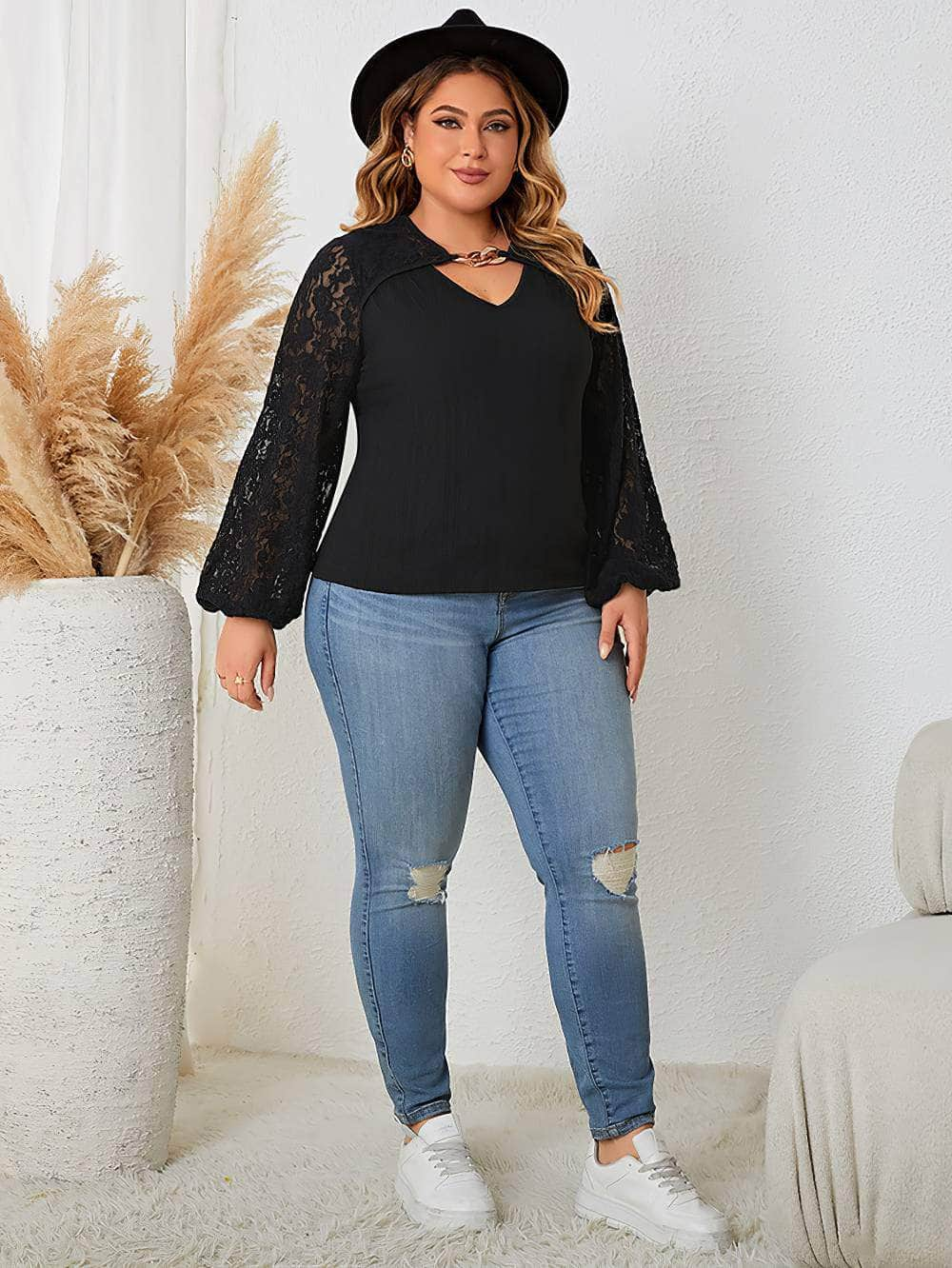 Plus Size Cut-Out Front Lace Sleeves Blouse