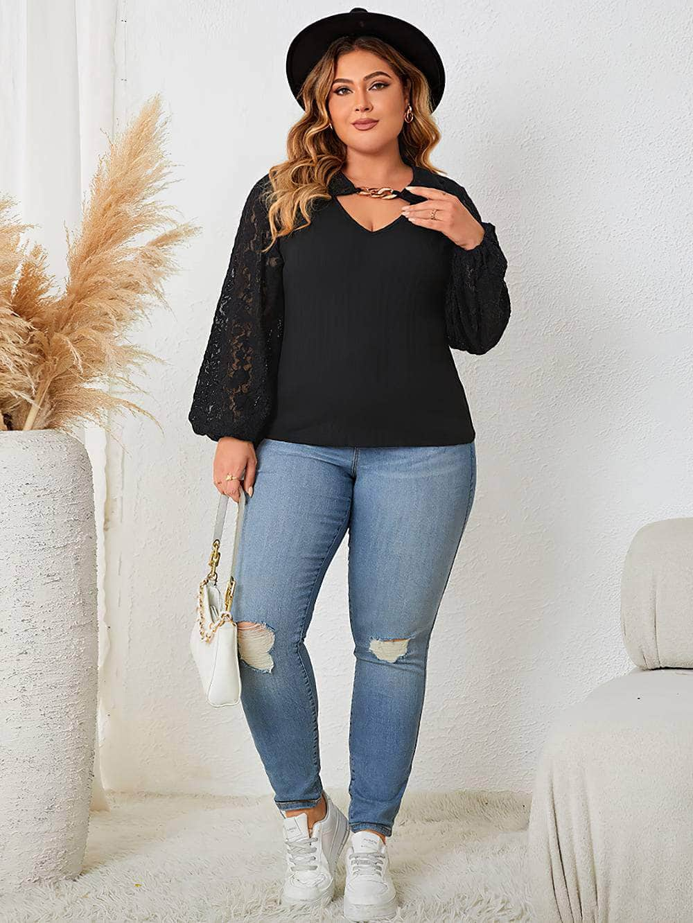 Plus Size Cut-Out Front Lace Sleeves Blouse