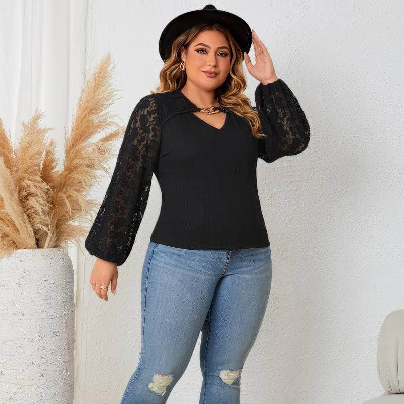 Plus Size Cut-Out Front Lace Sleeves Blouse