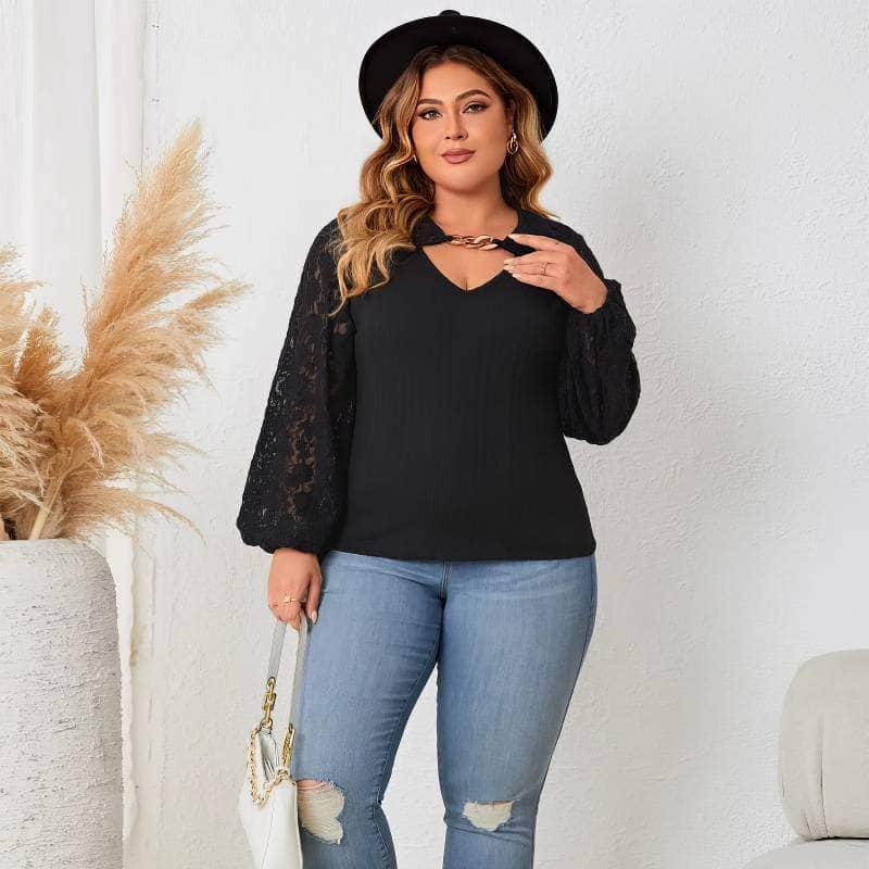 Plus Size Cut-Out Front Lace Sleeves Blouse