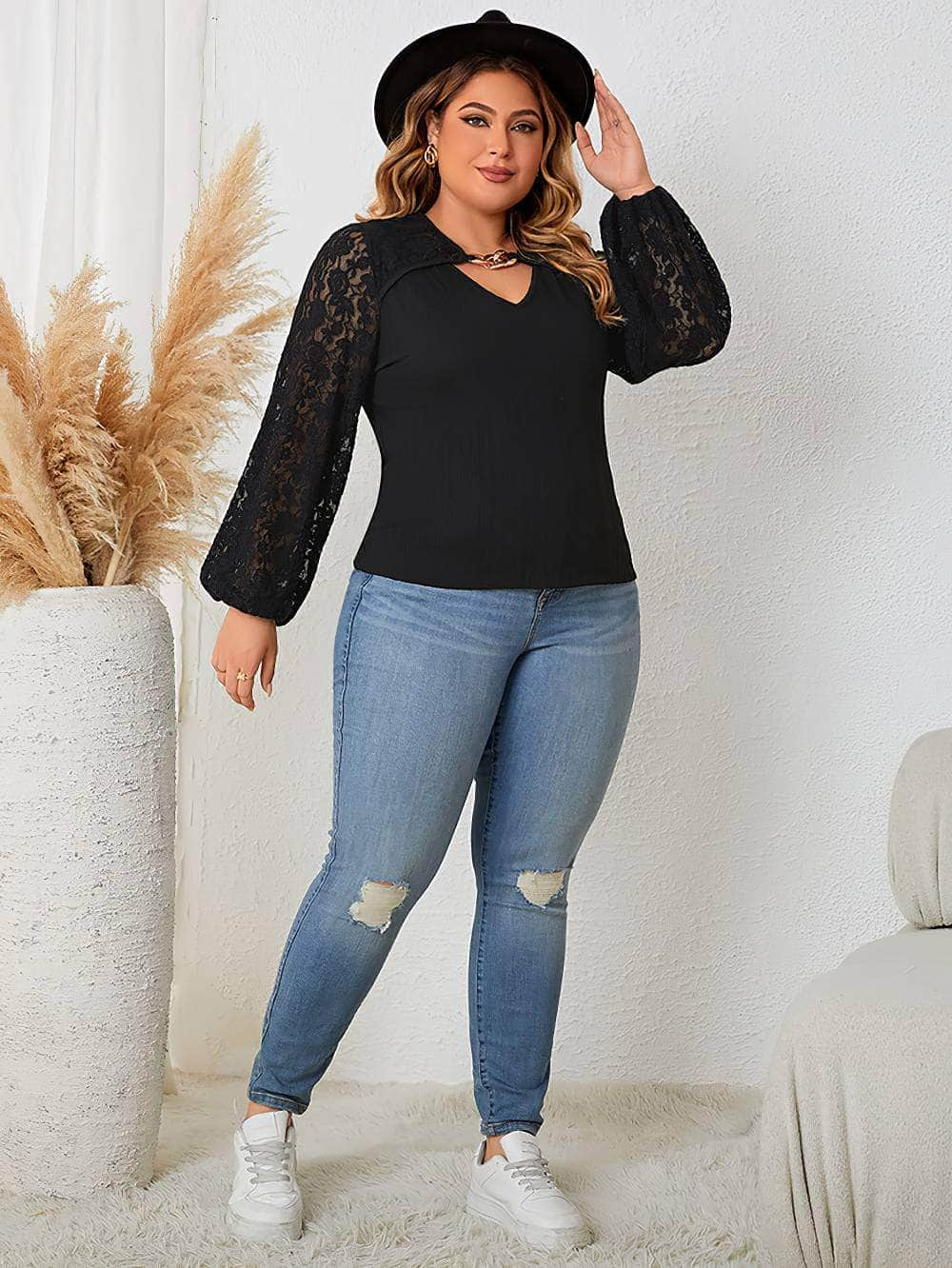 Plus Size Cut-Out Front Lace Sleeves Blouse