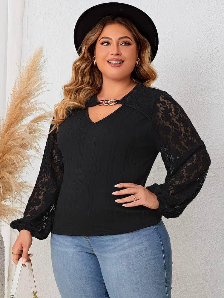 Plus Size Cut-Out Front Lace Sleeves Blouse US 16-18 / Black