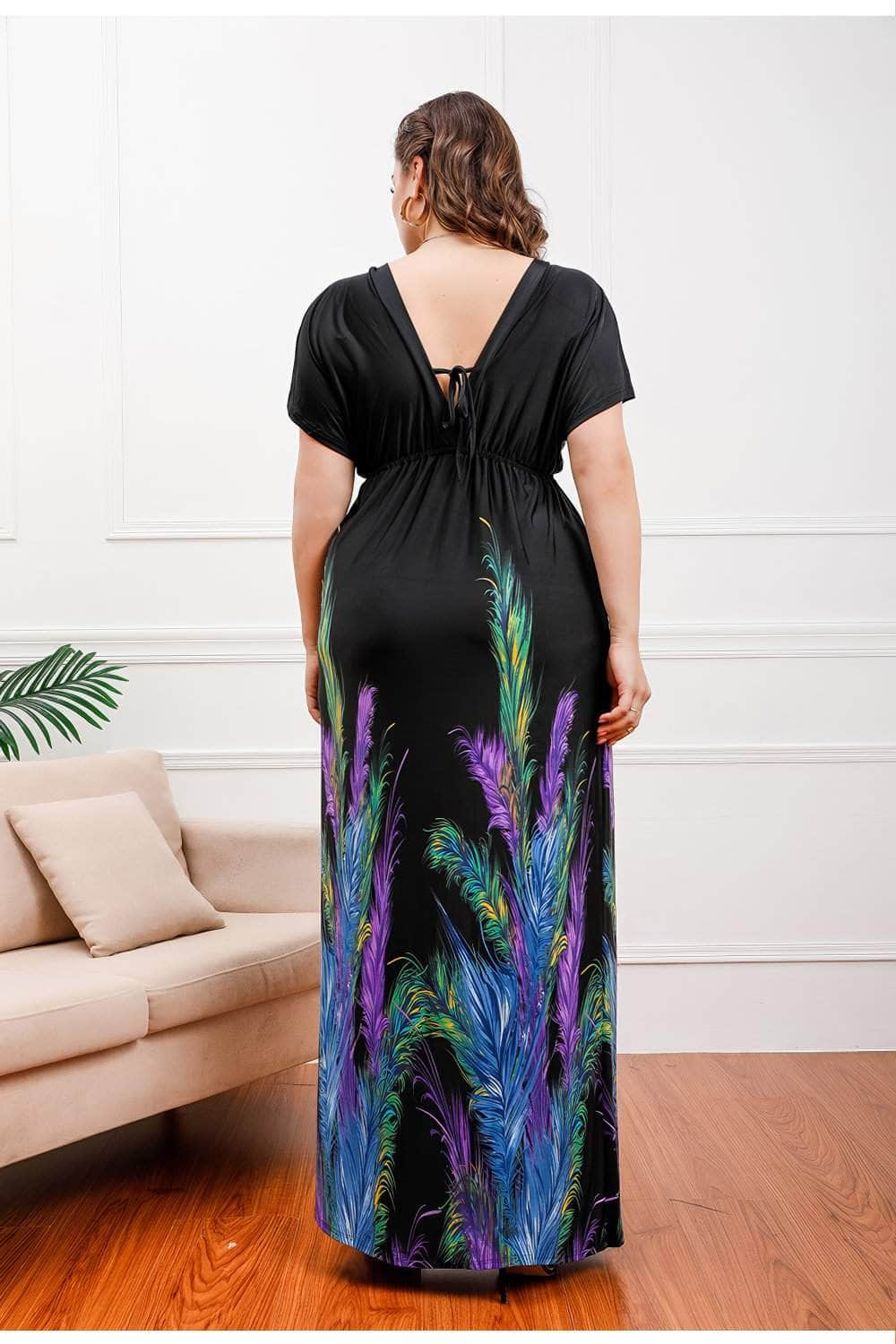 Plus Size Deep V Neck Floral Print Maxi Dress