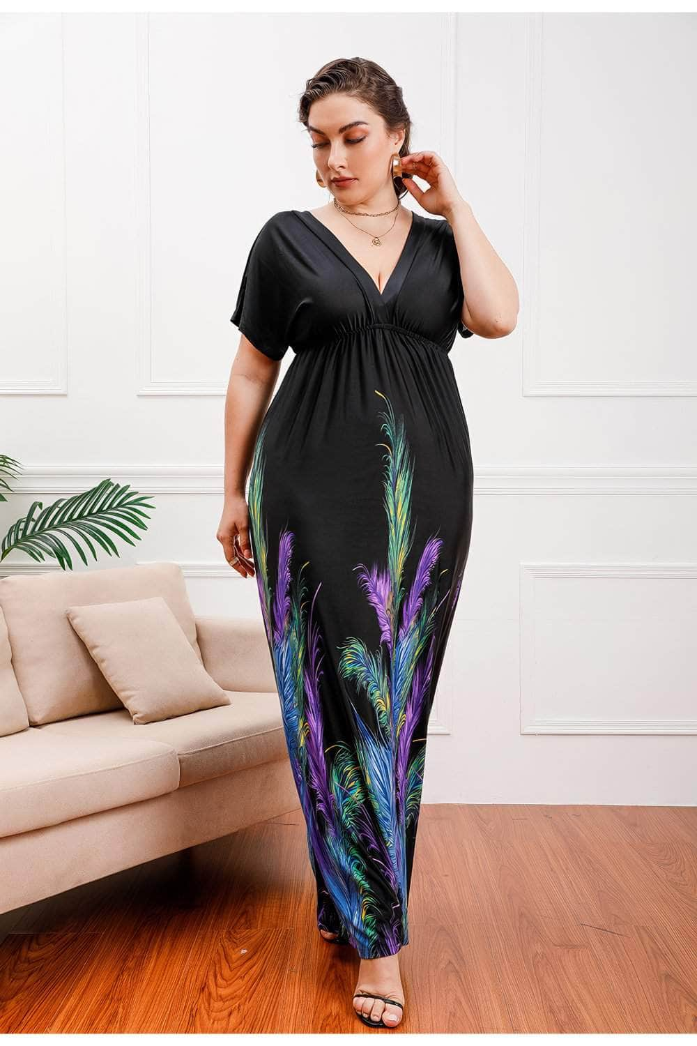 Plus Size Deep V Neck Floral Print Maxi Dress