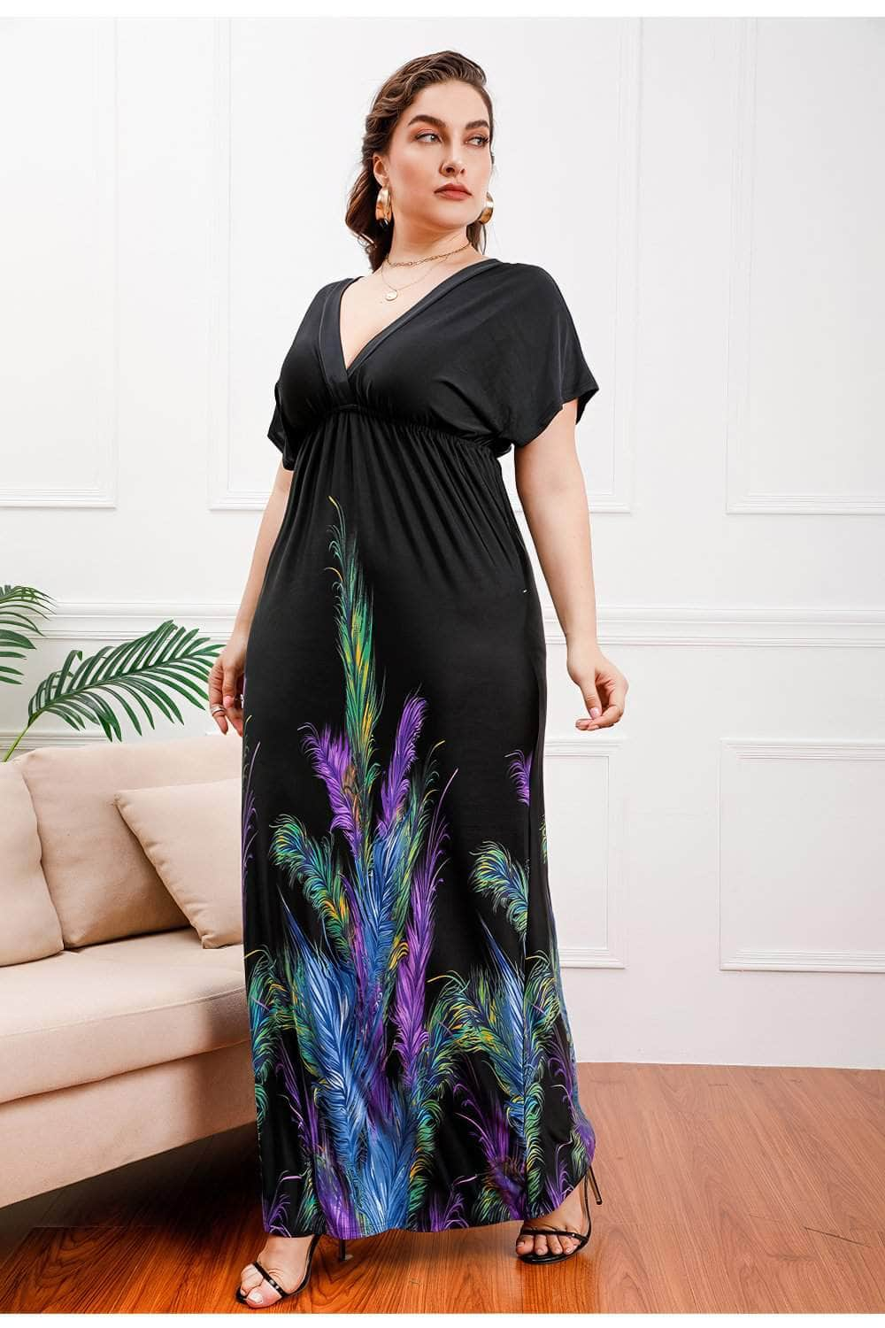 Plus Size Deep V Neck Floral Print Maxi Dress