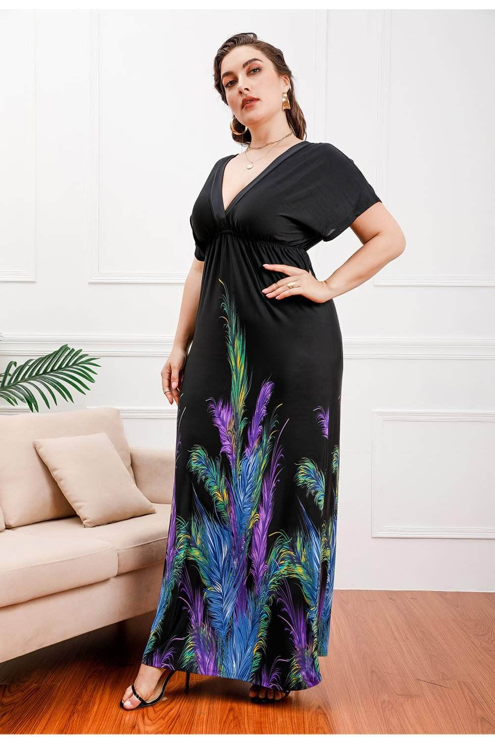 Plus Size Deep V Neck Floral Print Maxi Dress