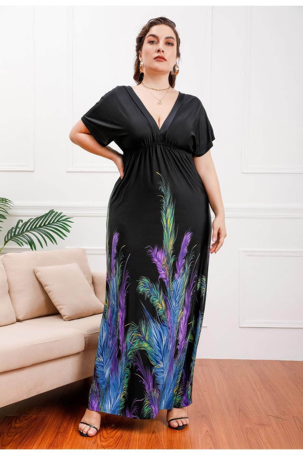 Plus Size Deep V Neck Floral Print Maxi Dress US 8-10 / Black