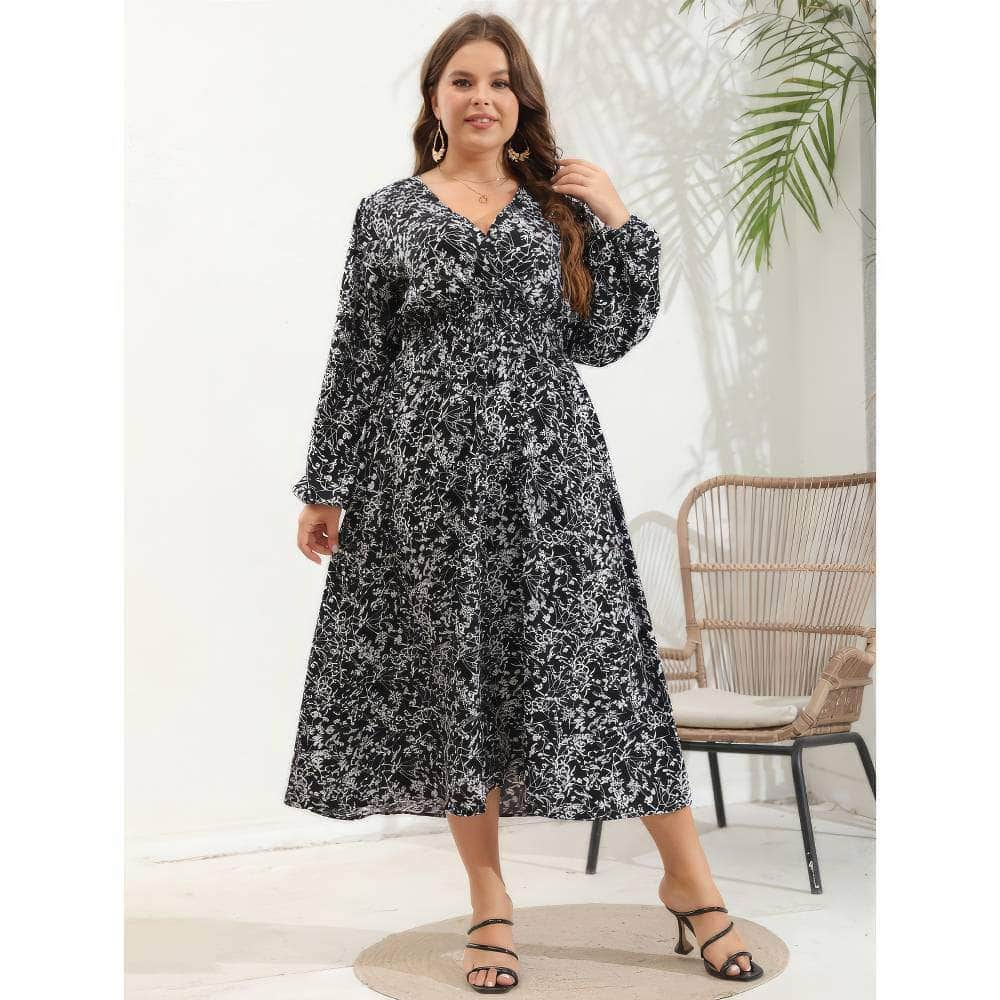 Plus Size Ditsy Floral Lantern Sleeve Maxi Dress