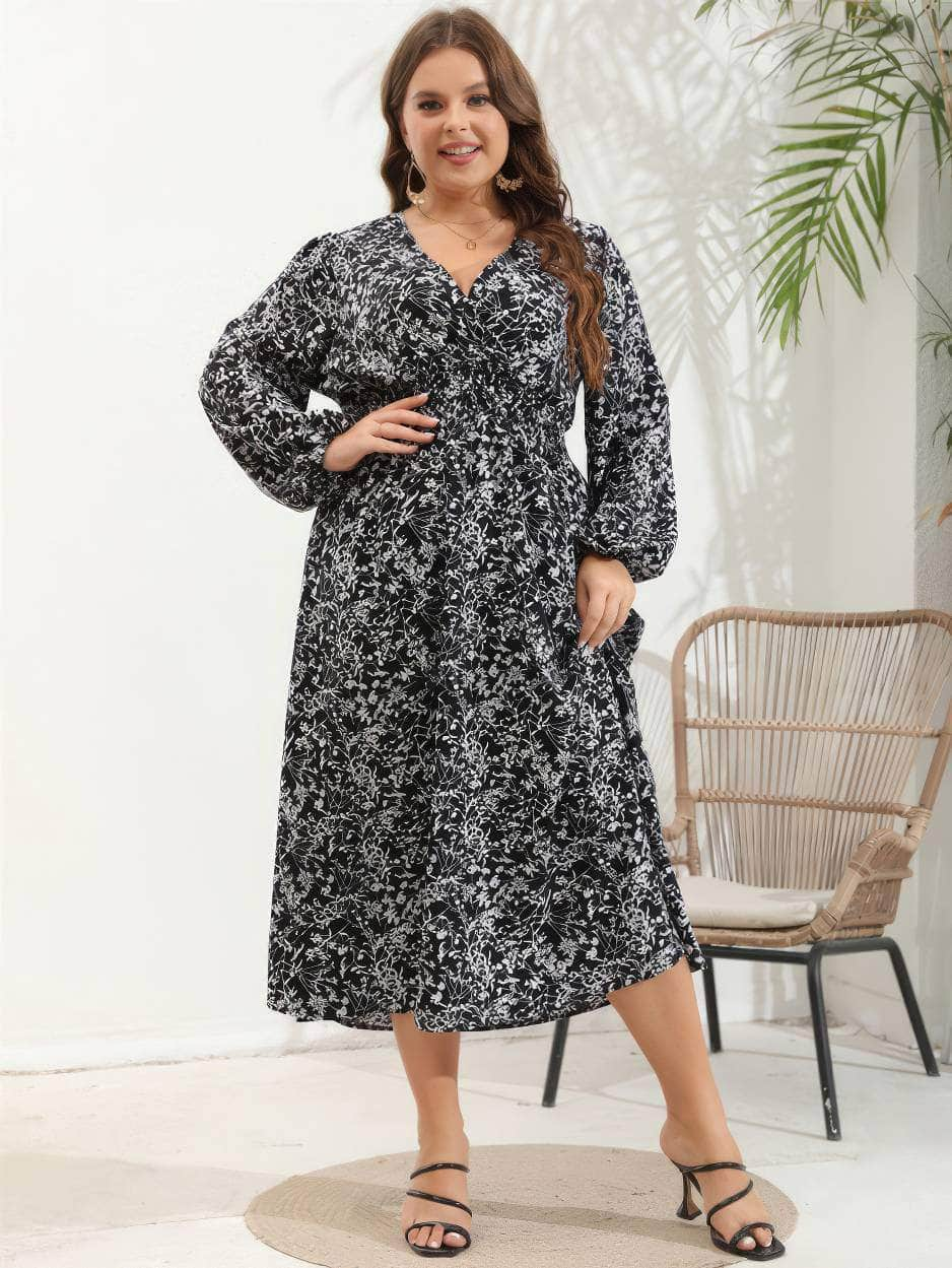 Plus Size Ditsy Floral Lantern Sleeve Maxi Dress US 16-18 / Black