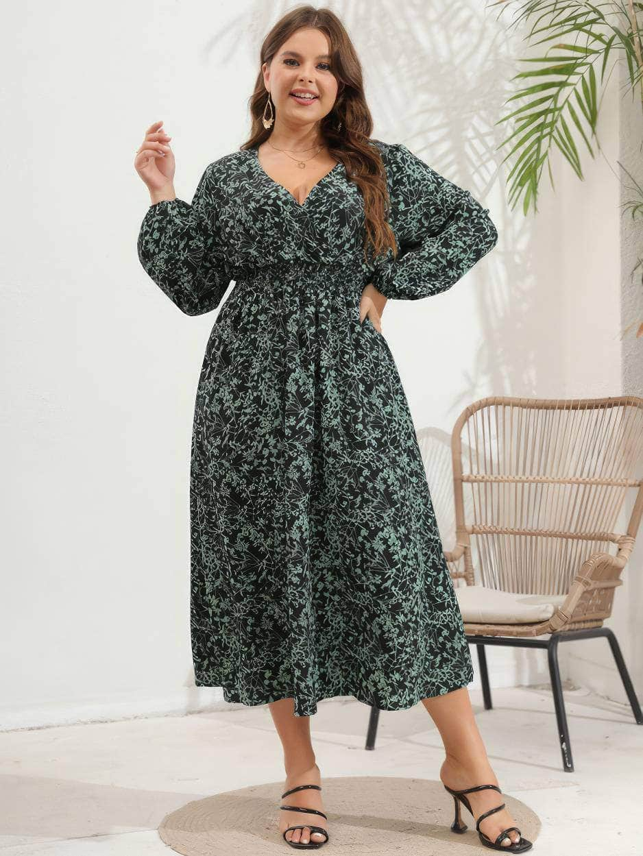 Plus Size Ditsy Floral Lantern Sleeve Maxi Dress US 16-18 / Green