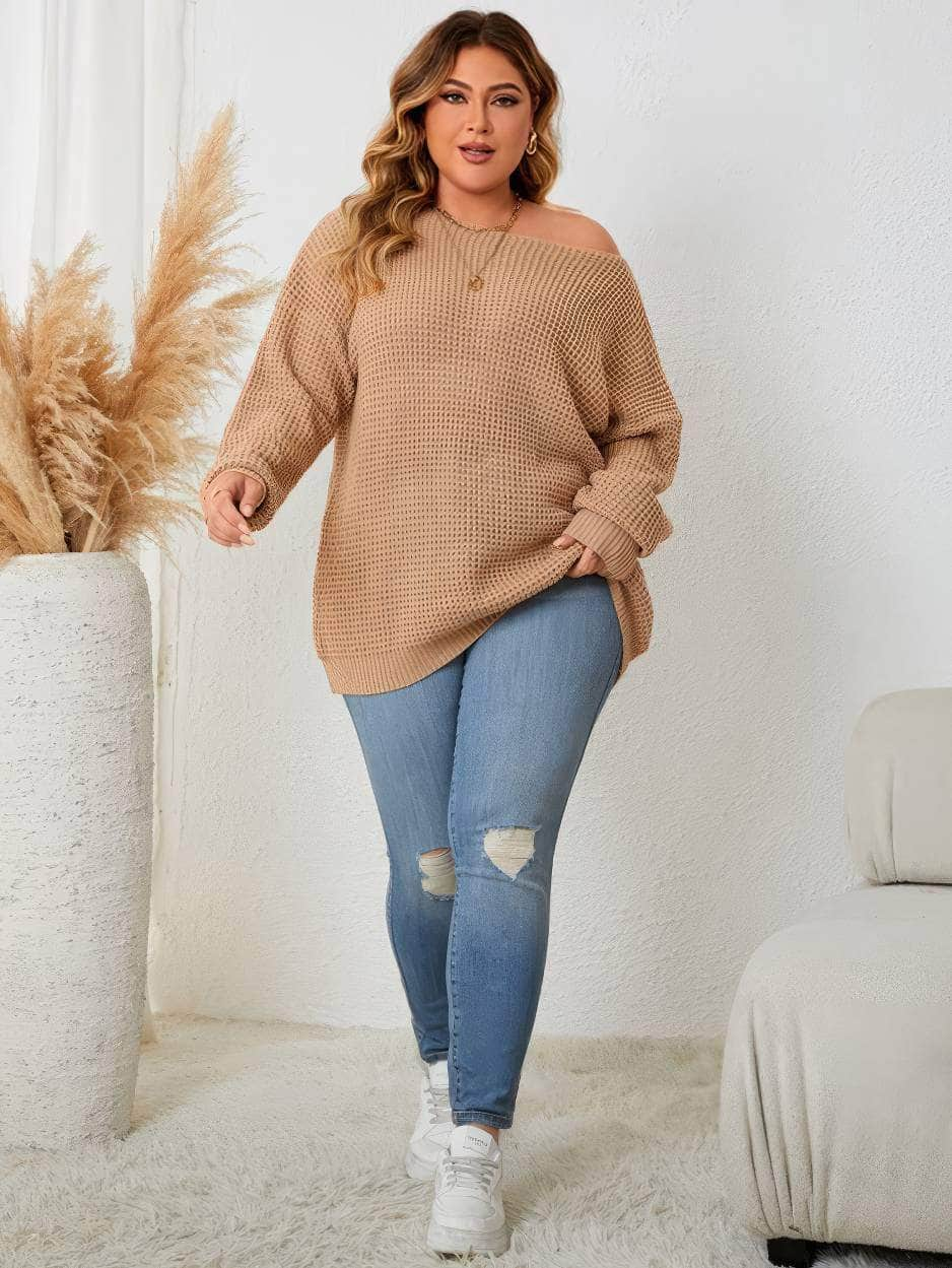 Plus Size Drop Shoulder Rib Knitted Sweater Top US 16-18 / DarkSalmon