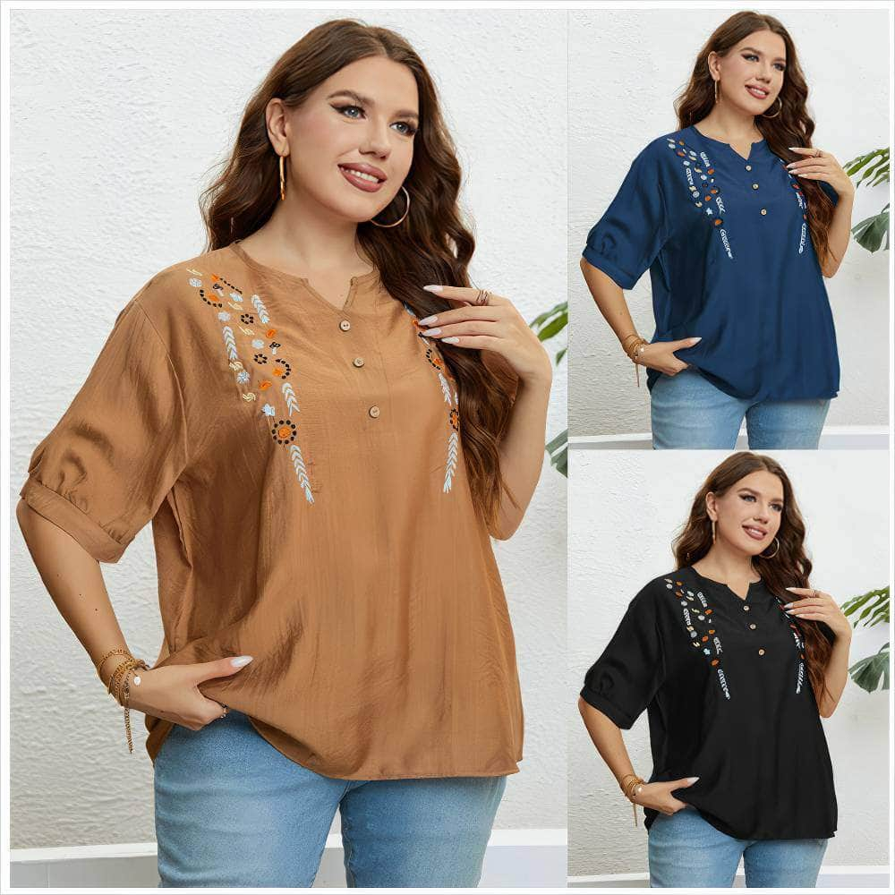 Plus Size Embroidered Loose Notched Neck Top