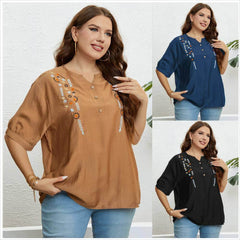 Plus Size Embroidered Loose Notched Neck Top