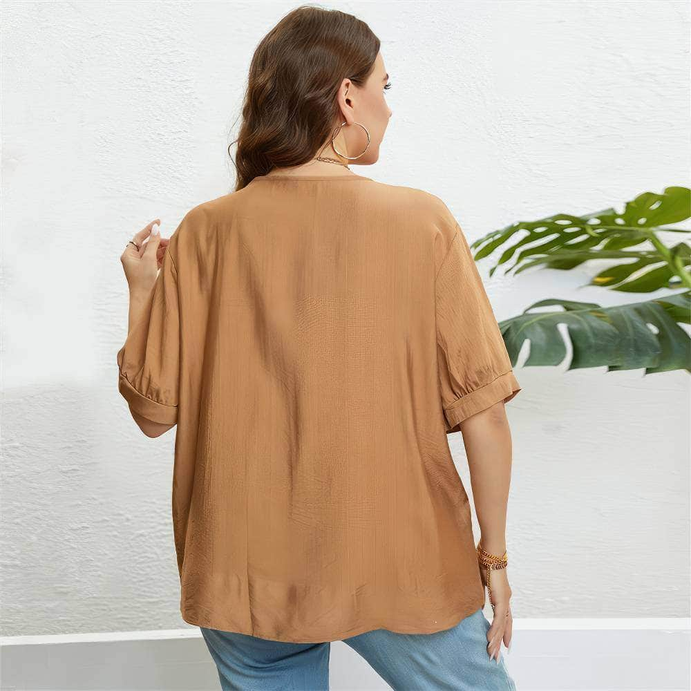 Plus Size Embroidered Loose Notched Neck Top