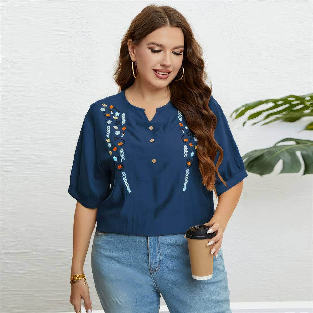 Plus Size Embroidered Loose Notched Neck Top