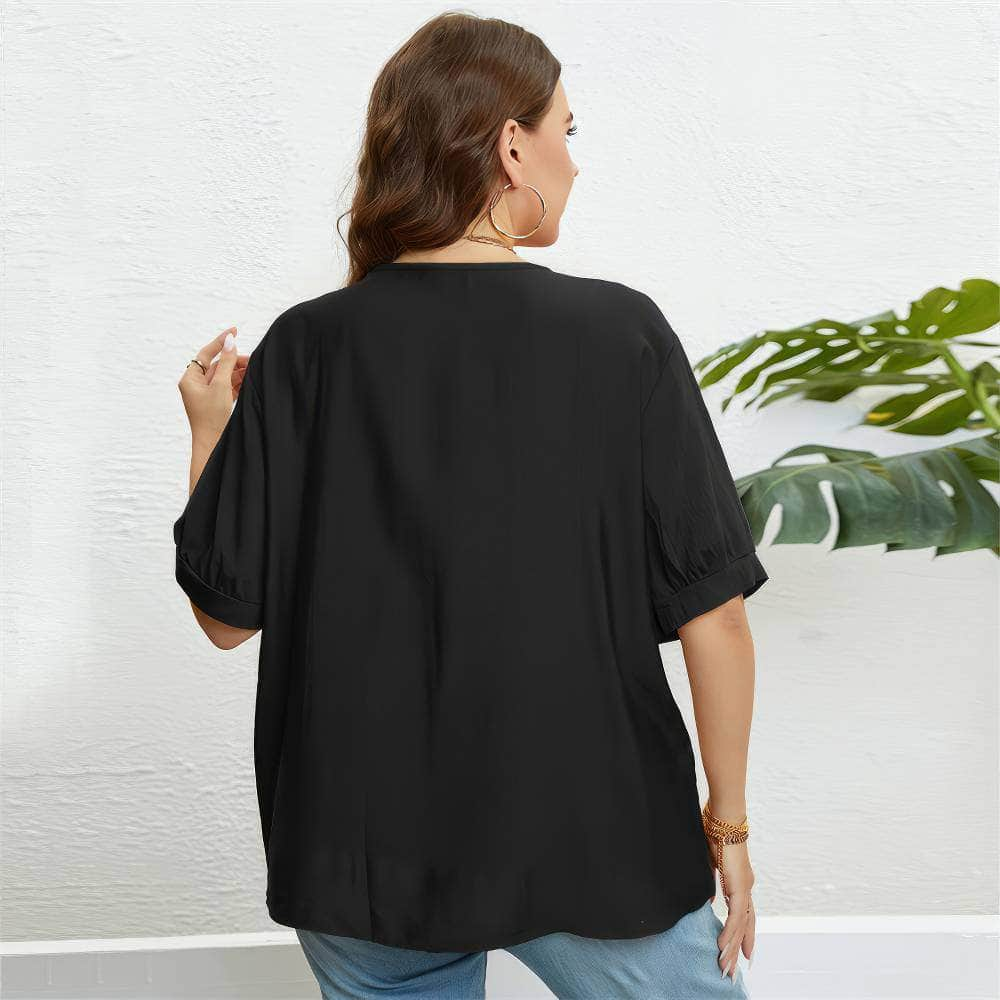 Plus Size Embroidered Loose Notched Neck Top