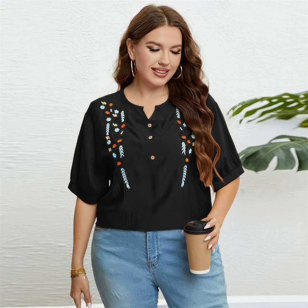 Plus Size Embroidered Loose Notched Neck Top