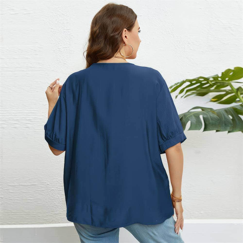 Plus Size Embroidered Loose Notched Neck Top