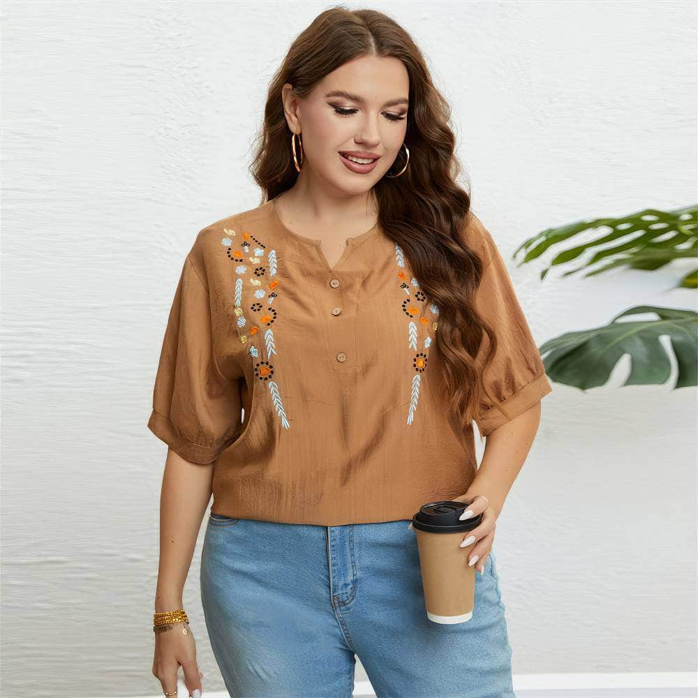 Plus Size Embroidered Loose Notched Neck Top