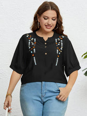 Plus Size Embroidered Loose Notched Neck Top US 16-18 / Black