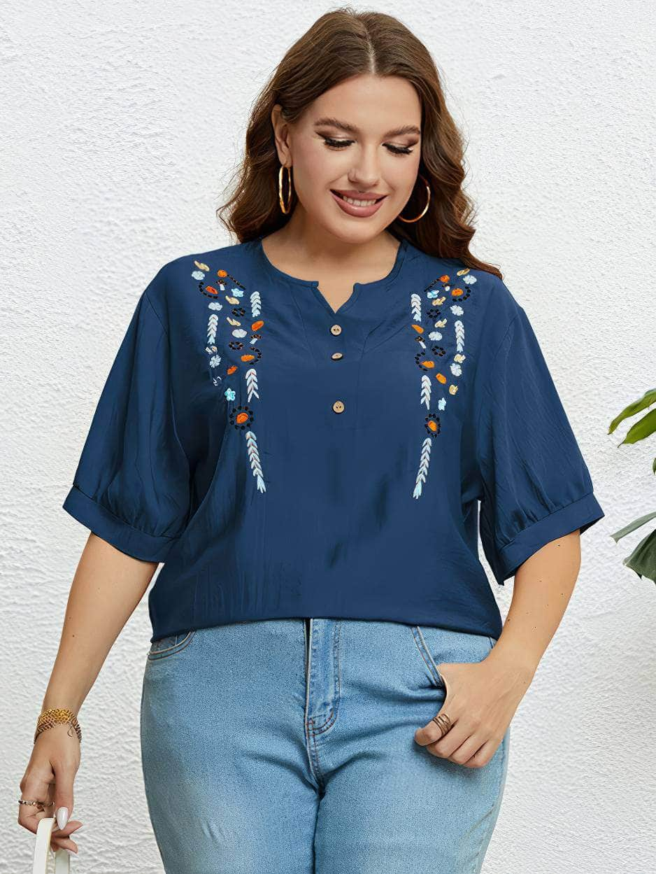 Plus Size Embroidered Loose Notched Neck Top US 16-18 / Navy