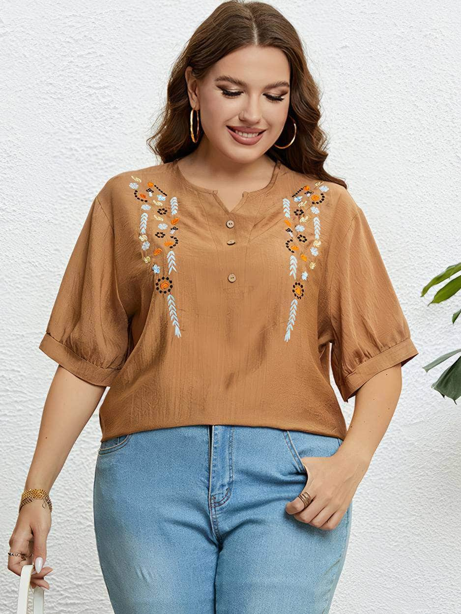 Plus Size Embroidered Loose Notched Neck Top US 16-18 / SandyBrown