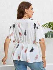 Plus Size Feather Print Flutter Sleeves Tie Waist Blouse