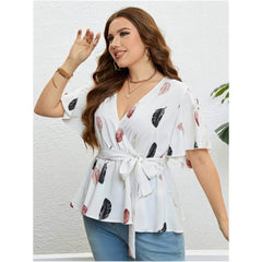 Plus Size Feather Print Flutter Sleeves Tie Waist Blouse