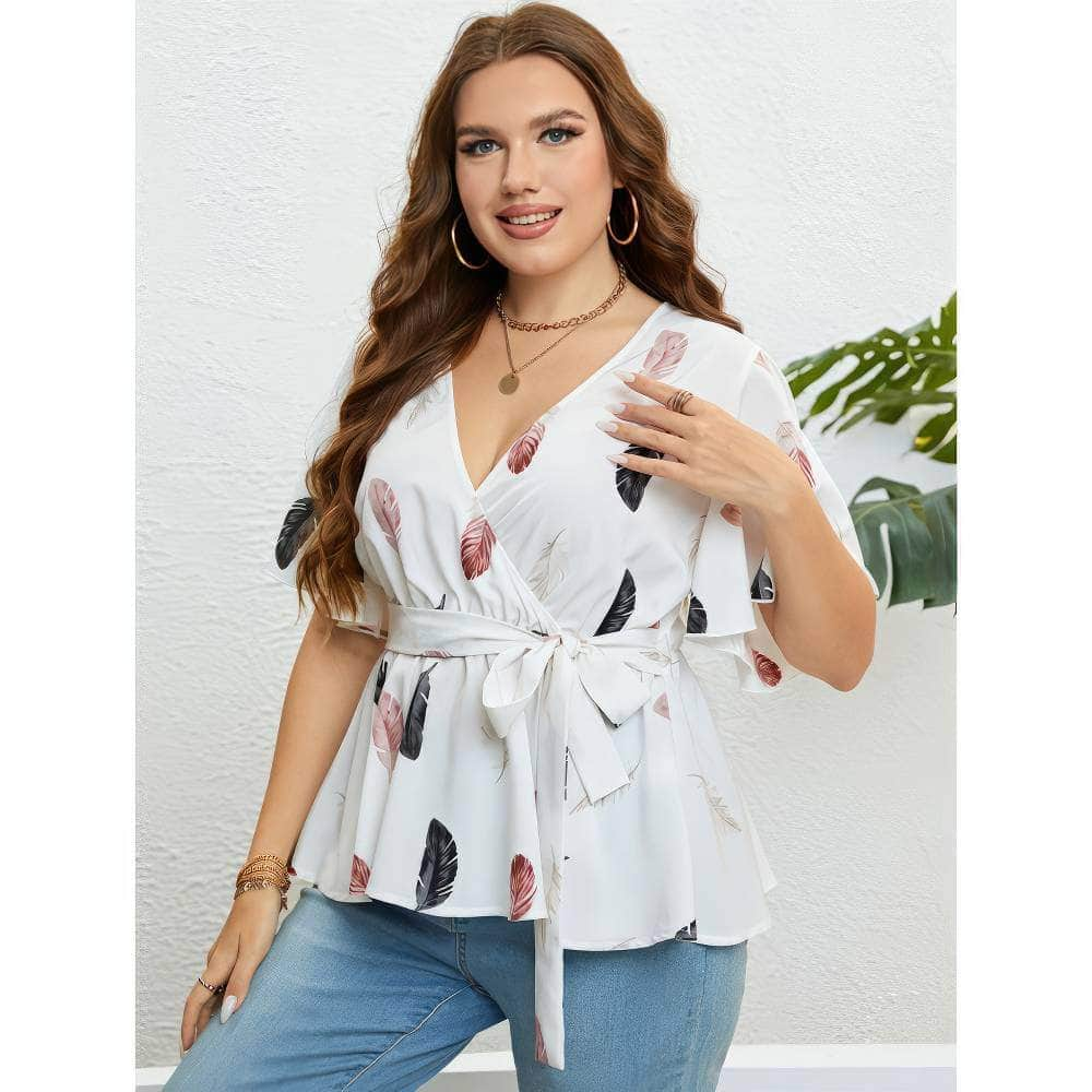 Plus Size Feather Print Flutter Sleeves Tie Waist Blouse