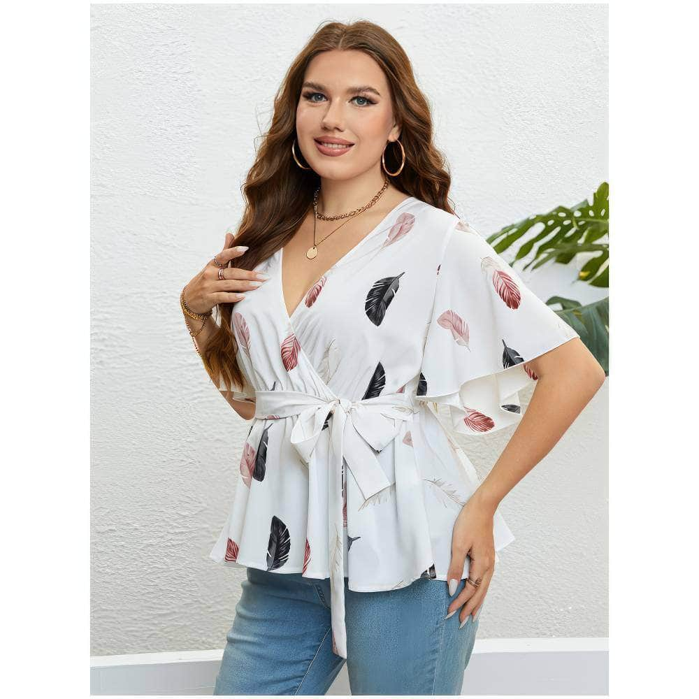 Plus Size Feather Print Flutter Sleeves Tie Waist Blouse