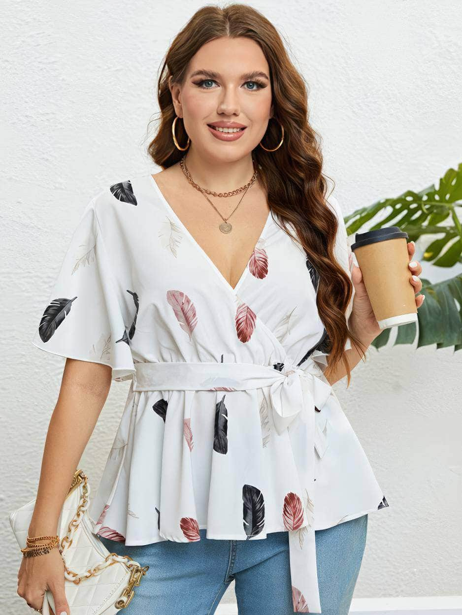 Plus Size Feather Print Flutter Sleeves Tie Waist Blouse US 16-18 / White